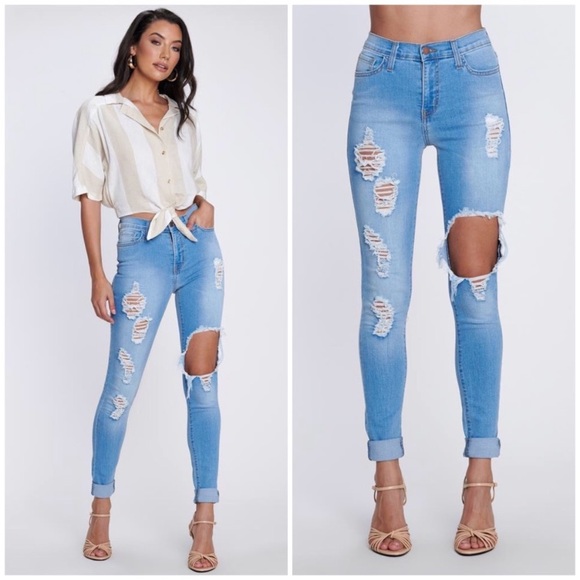 Distressed Tencel High Waist Skinny Jeans - Picture 3 of 7